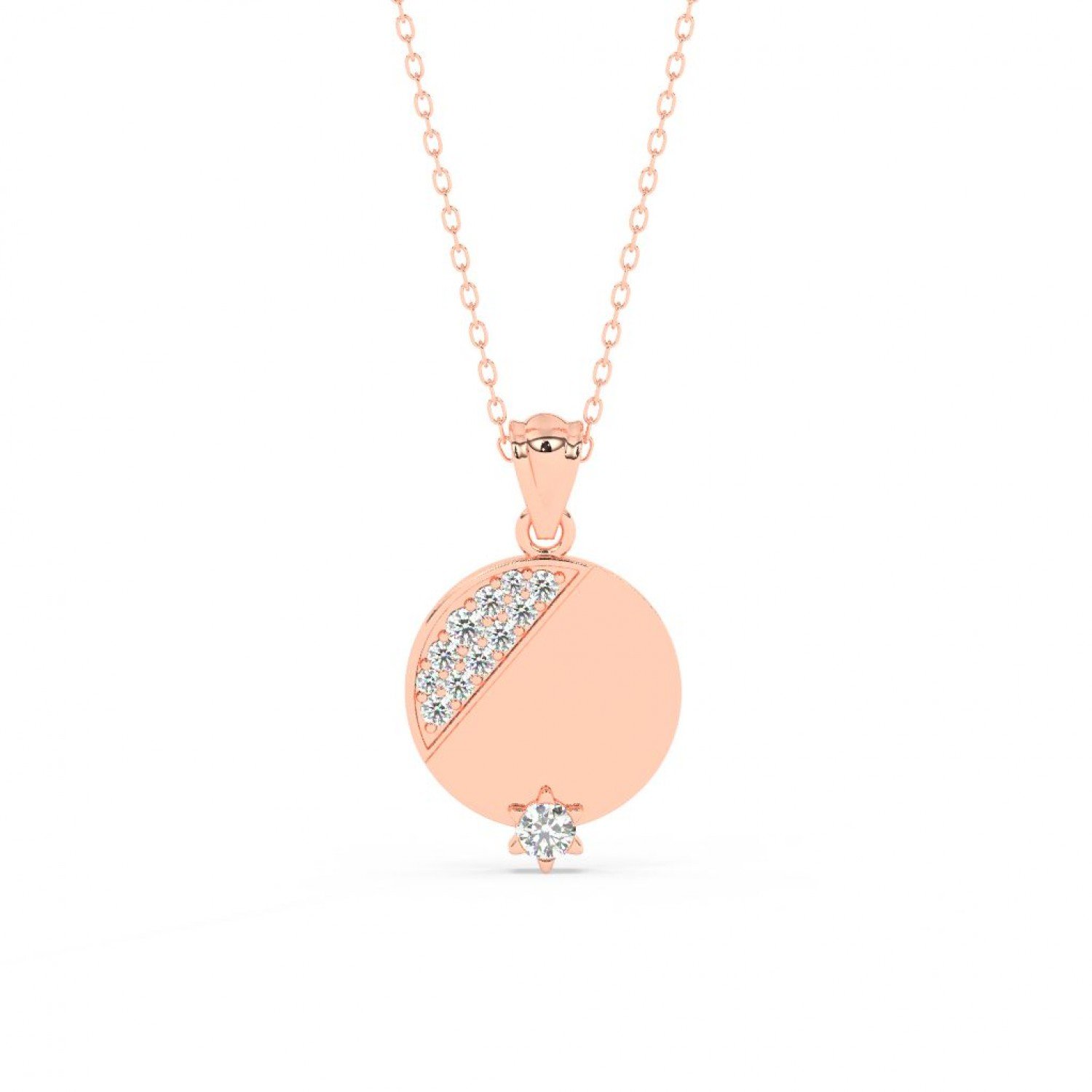 Rose Gold Zircon Studded Disk Pendant With Link Chain