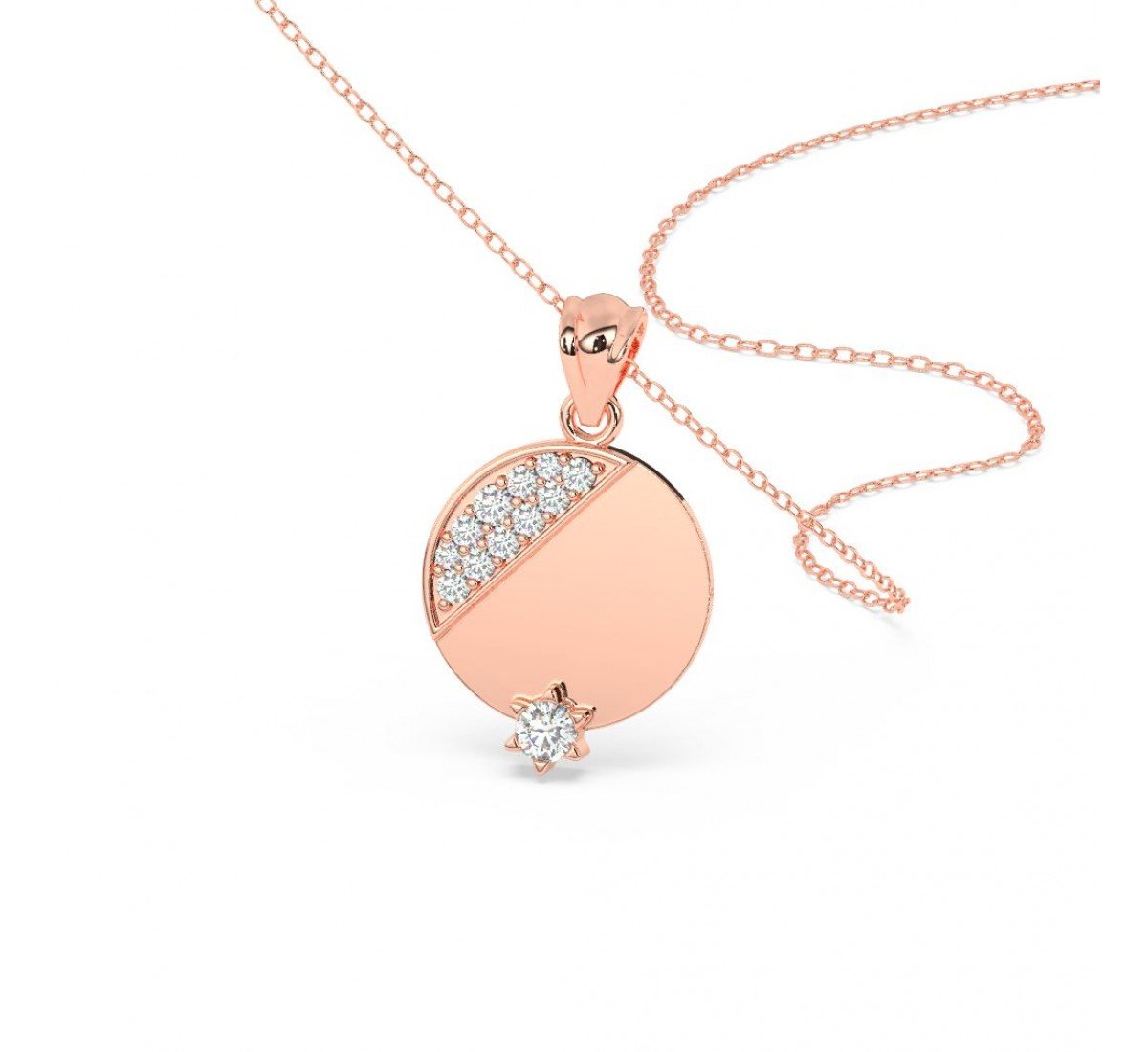 Rose Gold Zircon Studded Disk Pendant With Link Chain
