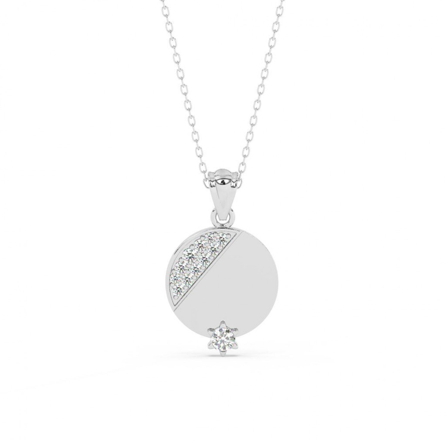 Silver Zircon Studded Disk Pendant With Link Chain Silver Zircon Studded Disk Pendant With Link Chain