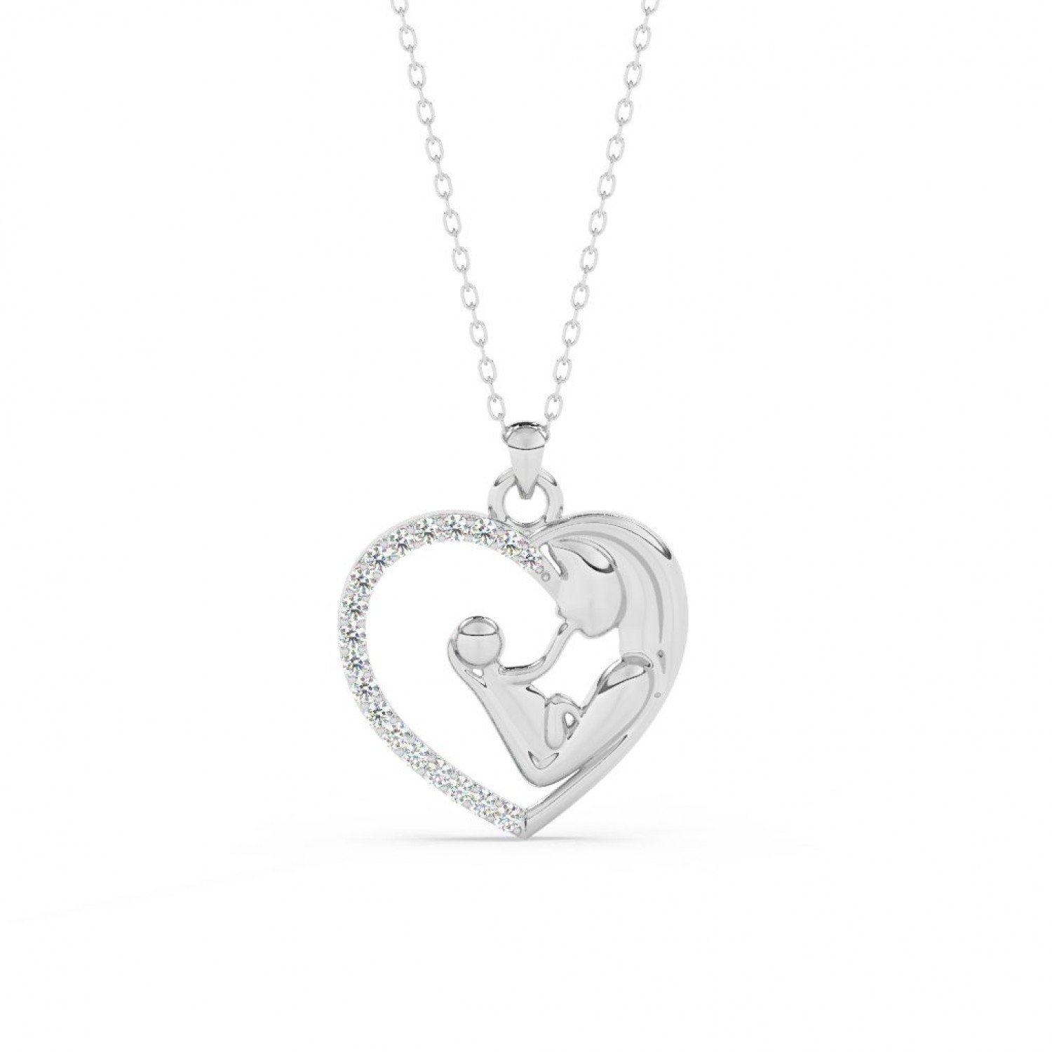 Silver Mother Child Embrace Pendant With Link Chain