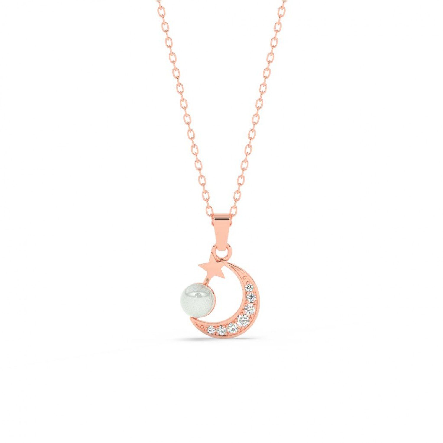 Rose Gold Pearl Crescent Pendant With Link Chain Rose Gold Pearl Crescent Pendant With Link Chain