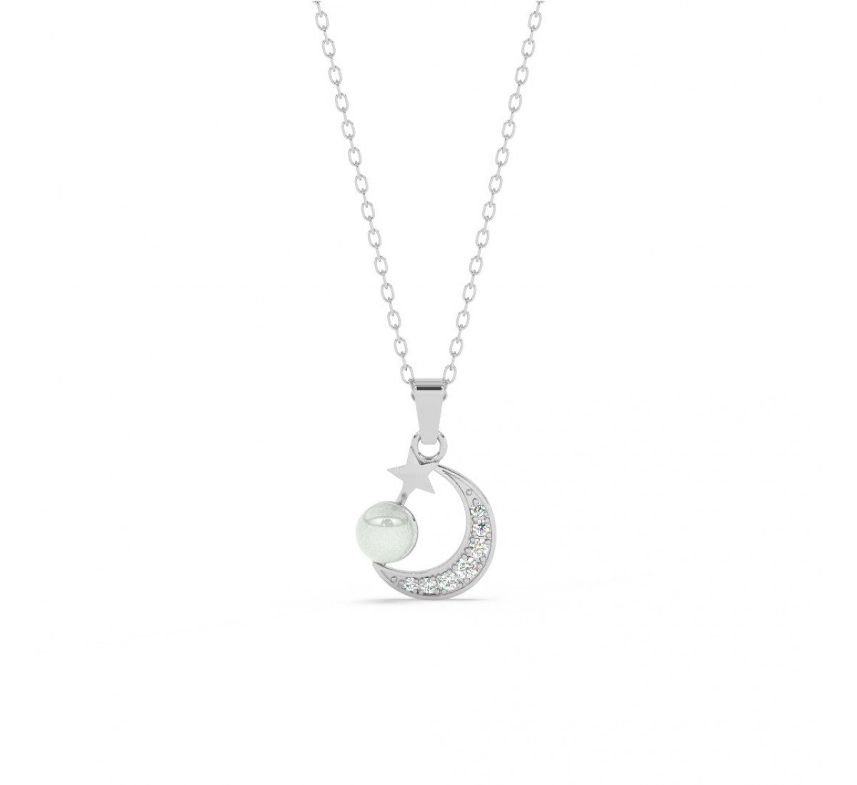 Silver Pearl Crescent Pendant With Link Chain