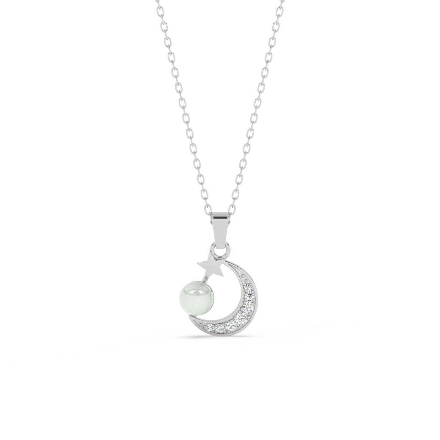 Silver Pearl Crescent Pendant With Link Chain Silver Pearl Crescent Pendant With Link Chain