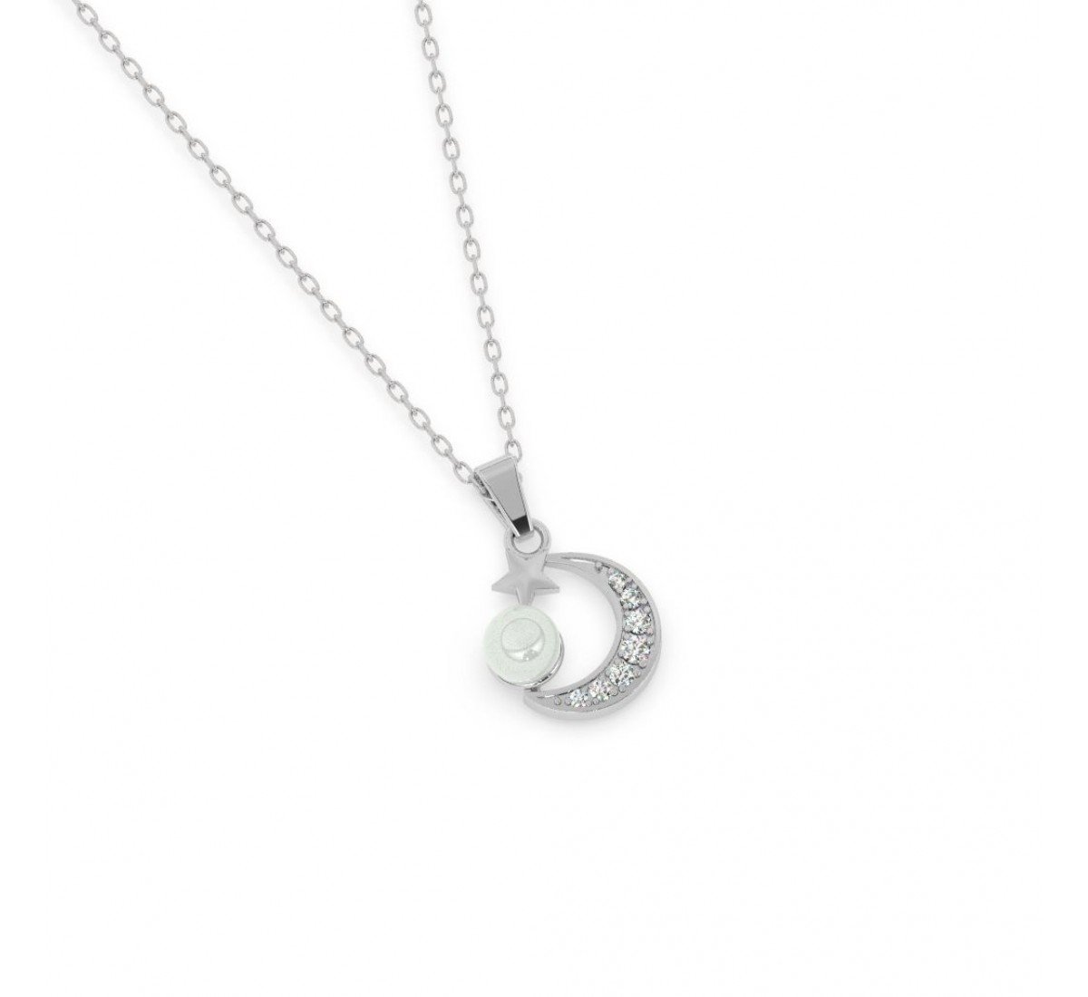 Silver Pearl Crescent Pendant With Link Chain