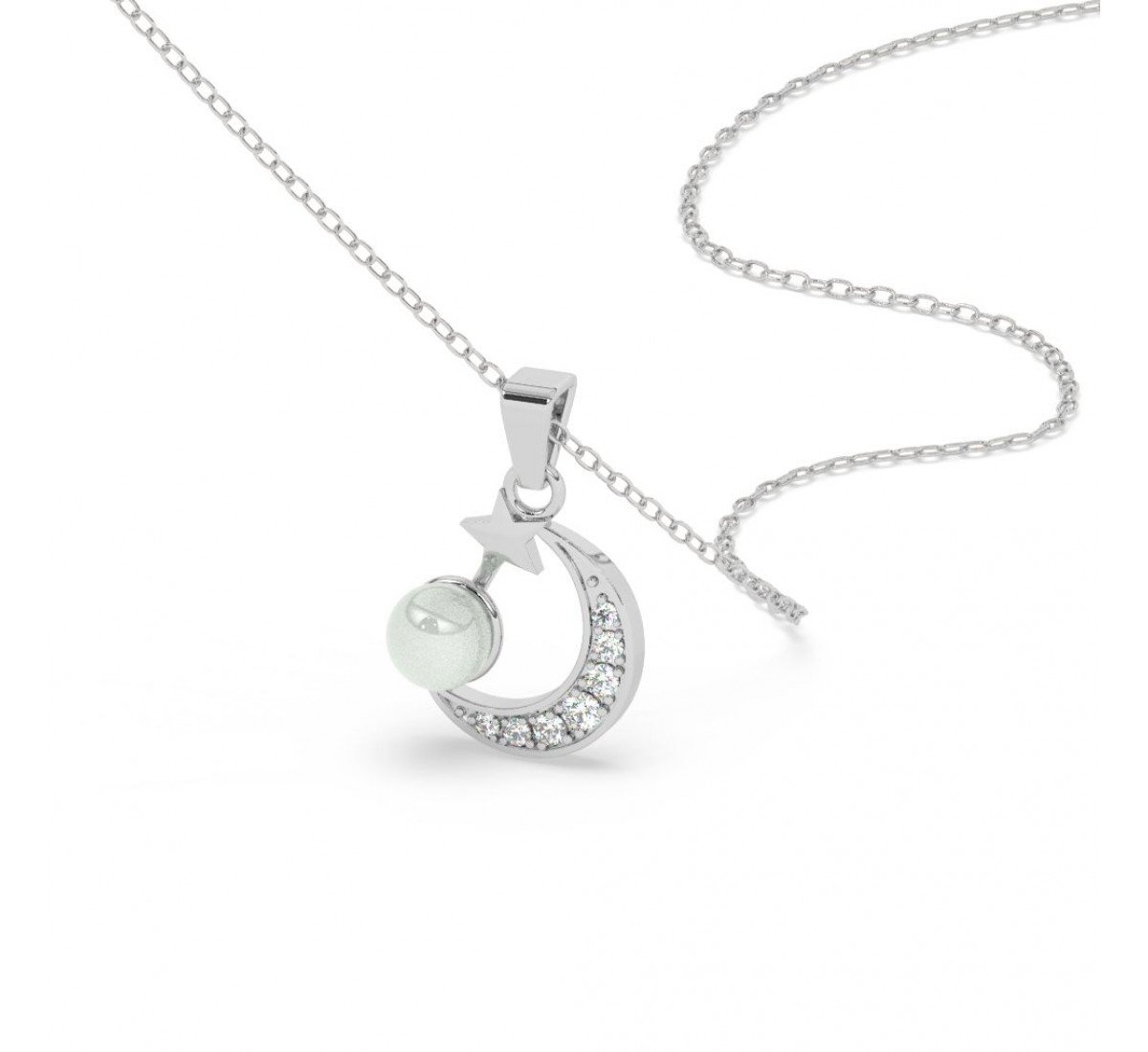 Silver Pearl Crescent Pendant With Link Chain