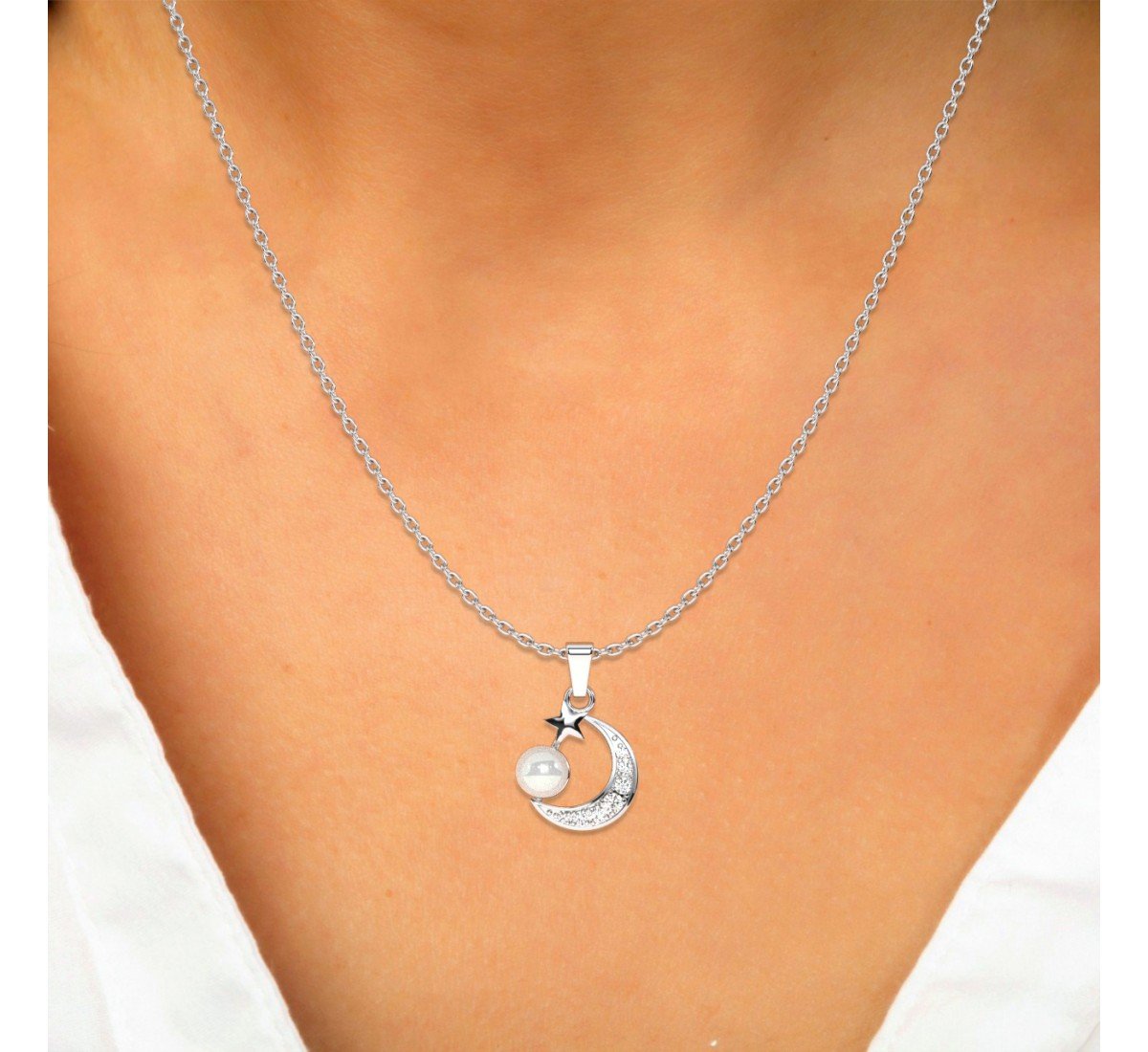 Silver Pearl Crescent Pendant With Link Chain