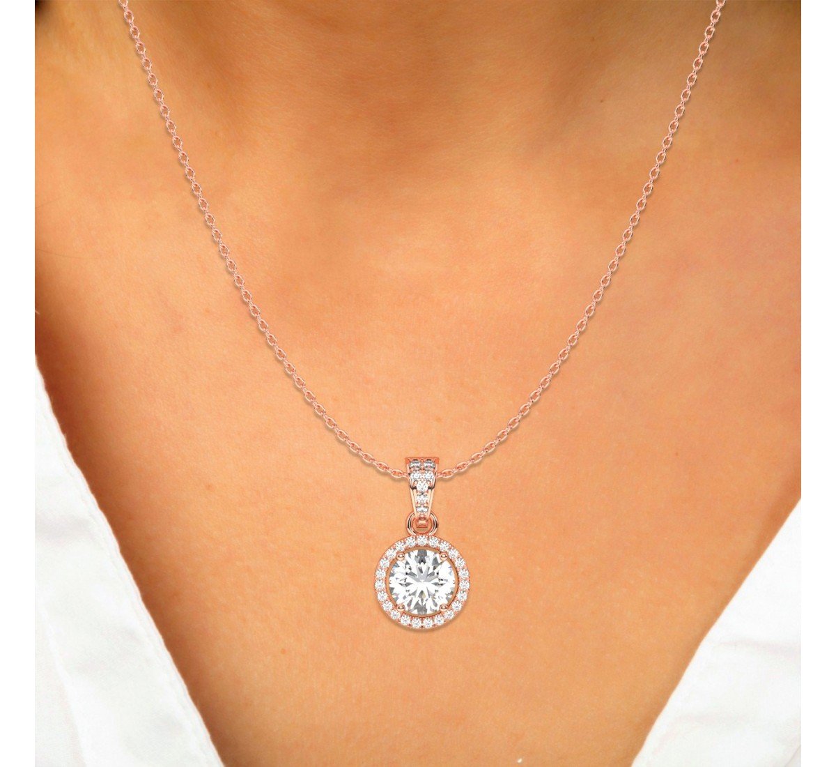 Rose Gold Zircon Round Solitaire Pendant With Link Chain