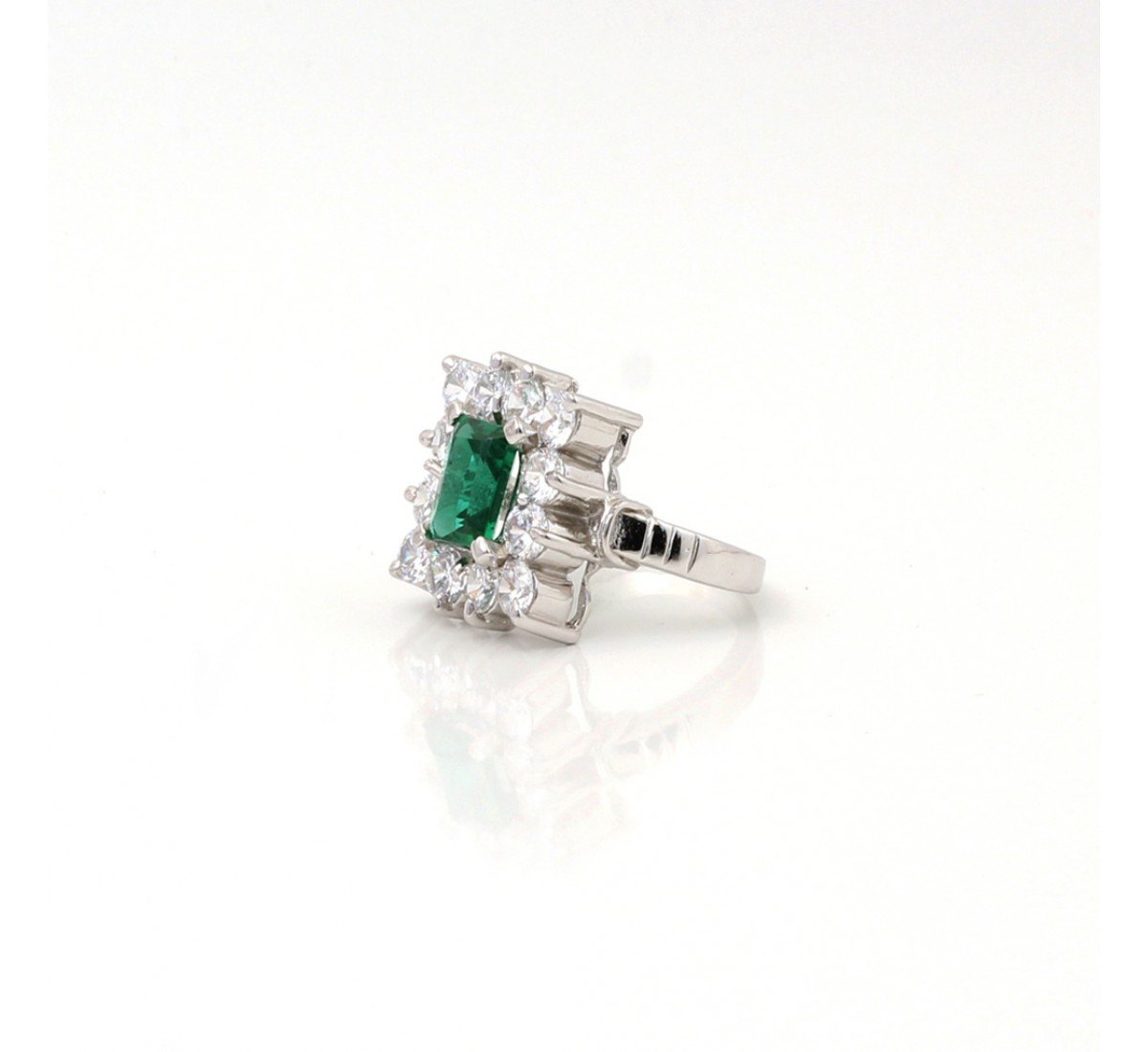 Silver Zircon Stud With Green Gemstone Ring