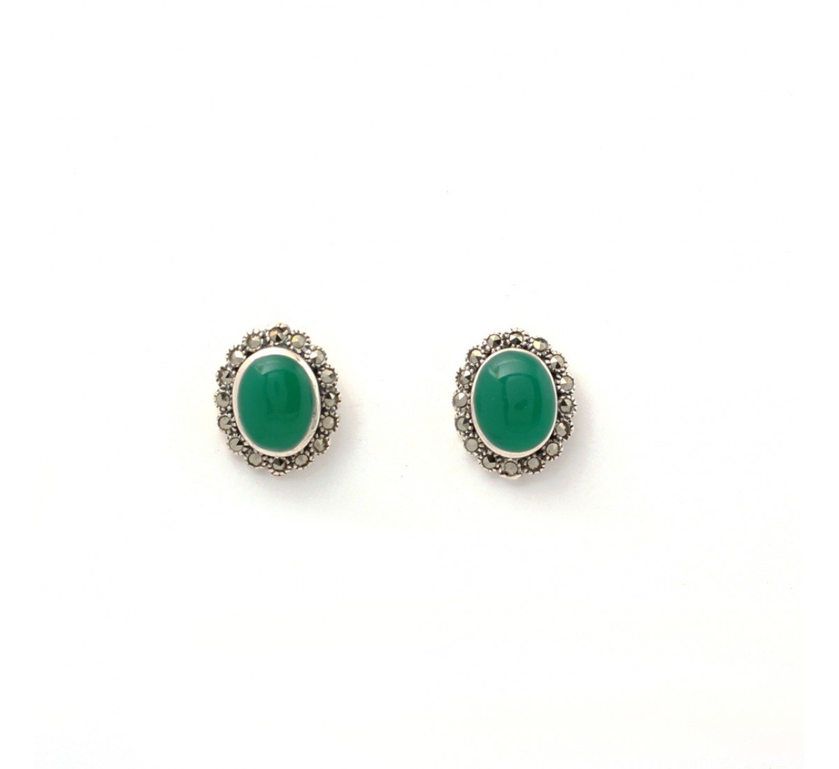 Silver Oxidised Green Oval Shape Studs