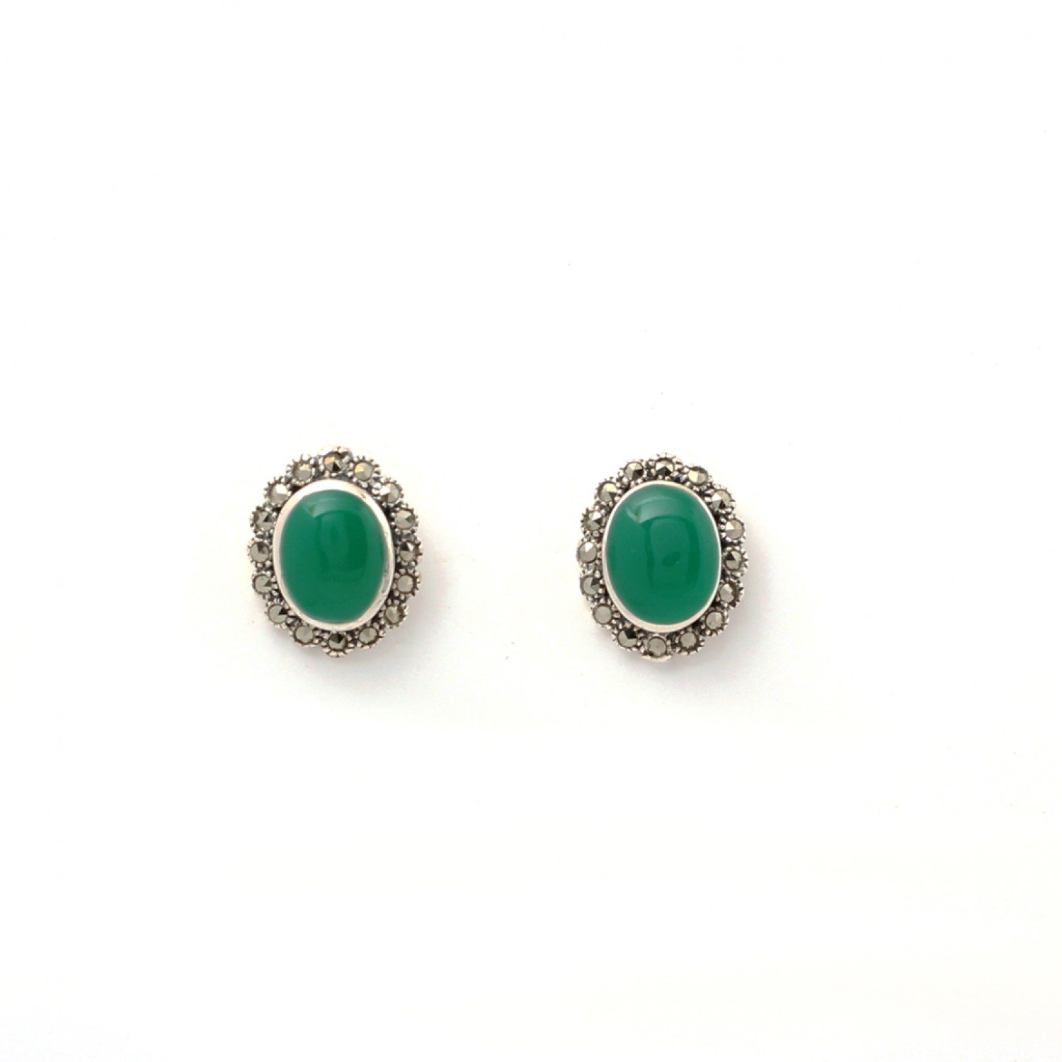 Silver Oxidised Green Oval Shape Studs