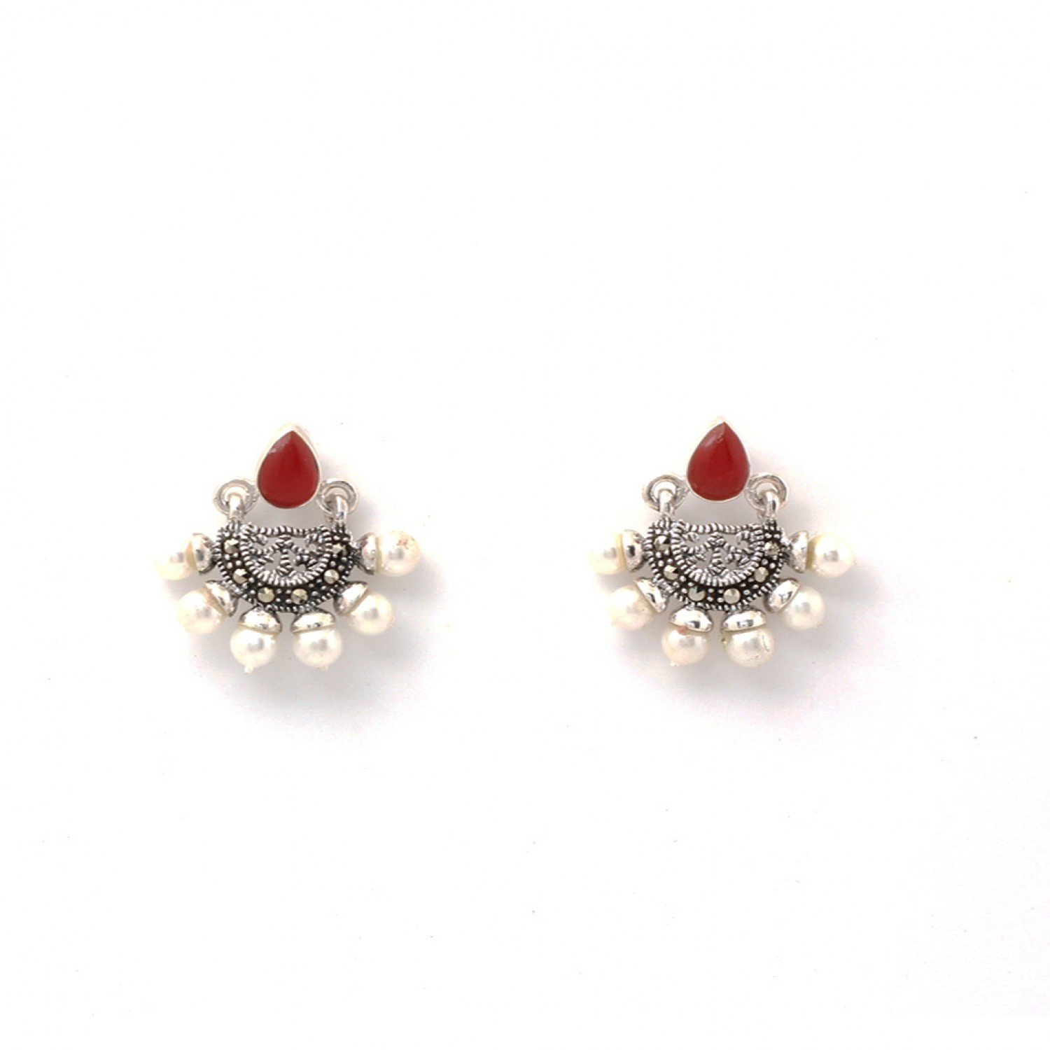 Silver Oxidised White Pearl With Red Stone Earrings Silver Oxidised White Pearl With Red Stone Earrings
