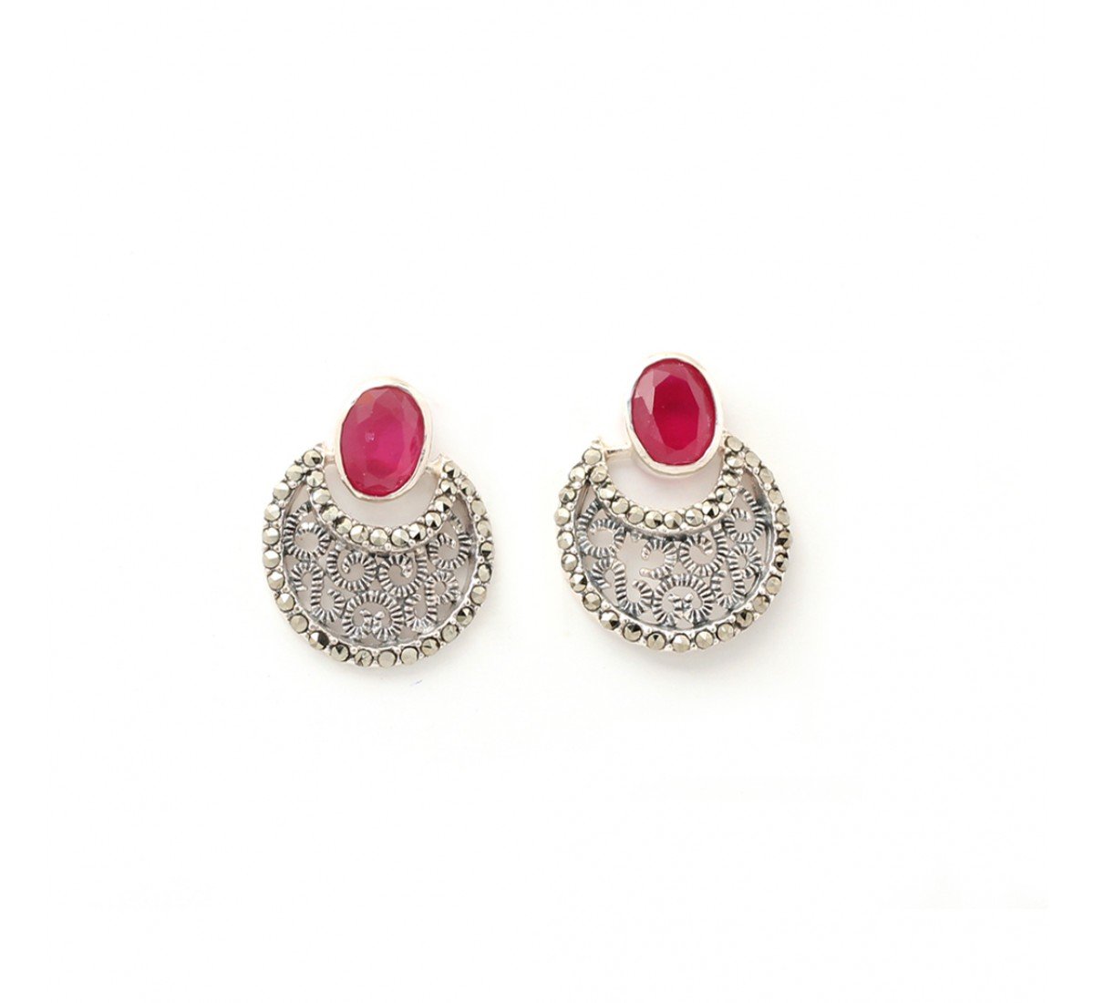 Silver Oxidised Traditional Chandelier Red Stone Earrings