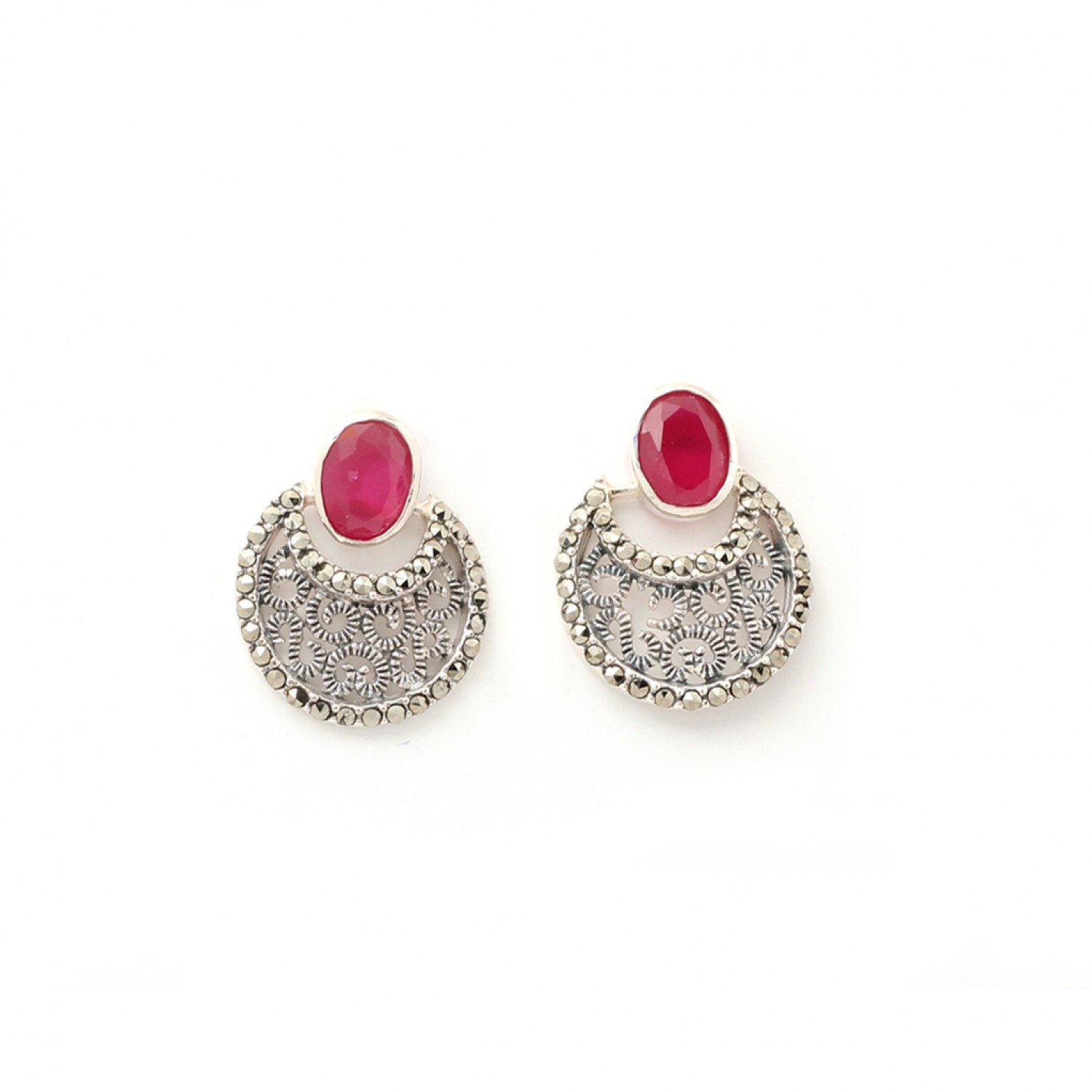 Silver Oxidised Traditional Chandelier Red Stone Earrings