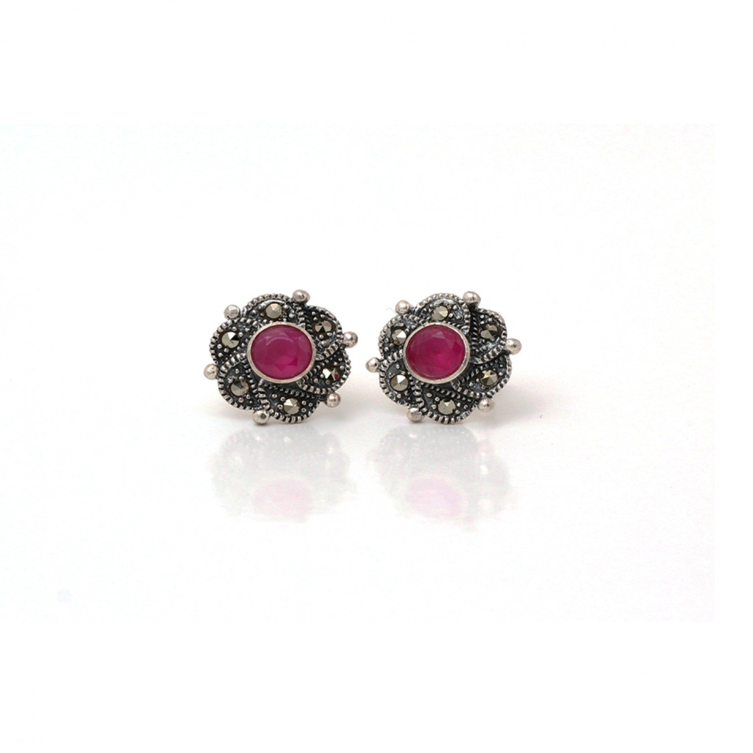Silver Oxidised Dhriti Floret Red Stone Studs