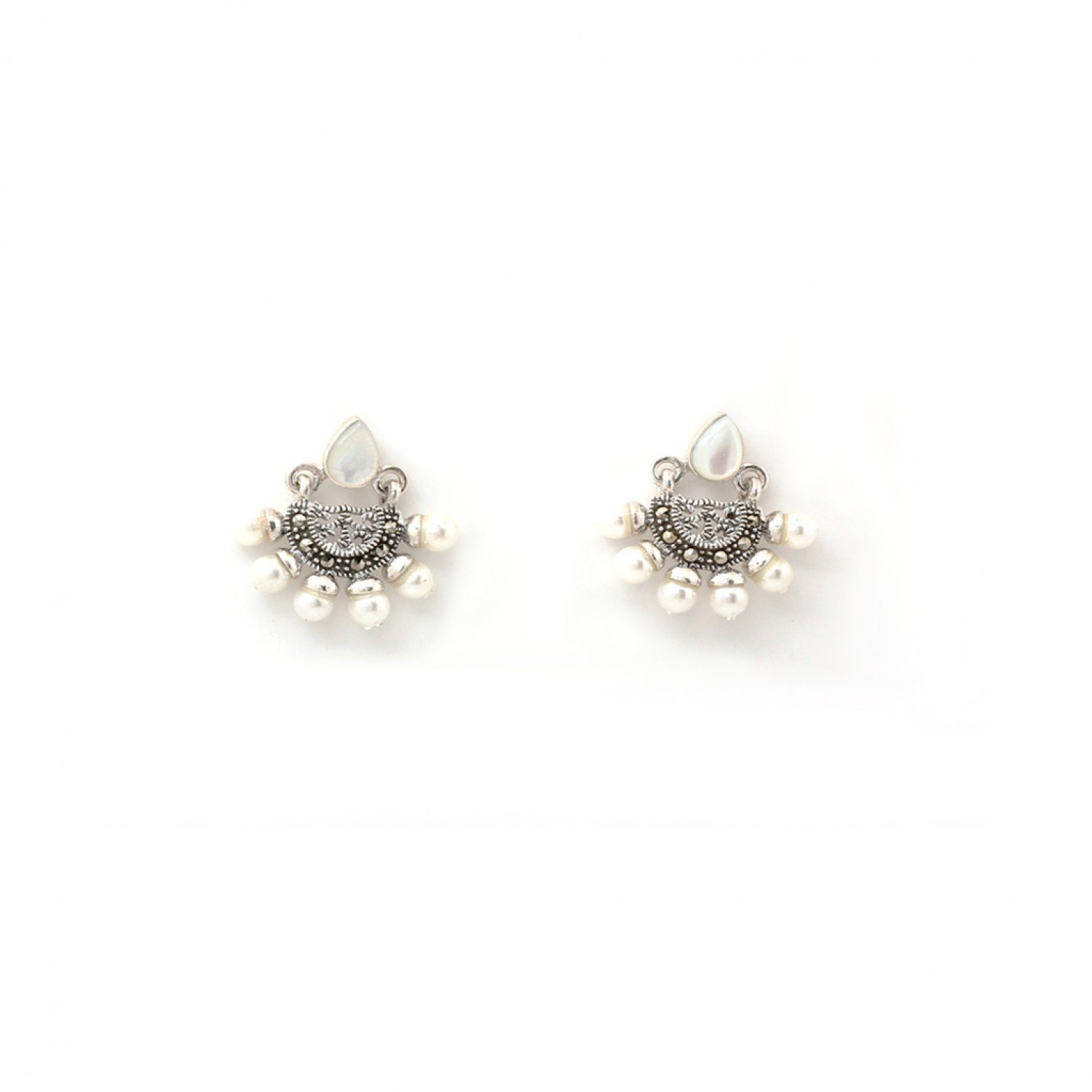 Silver Oxidised White Pearl Studs