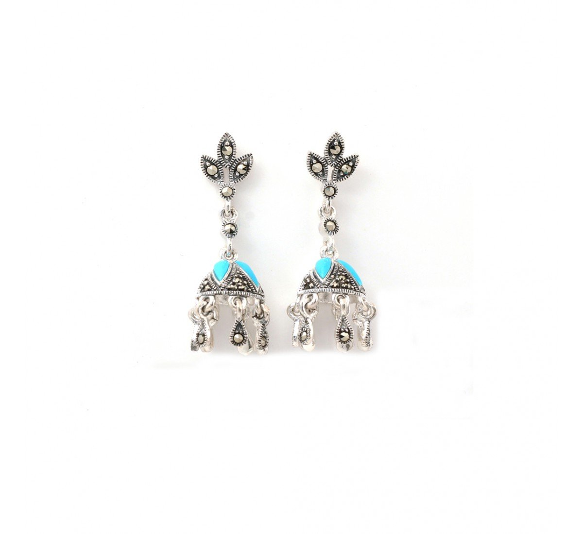Silver Oxidised Brocade Sky Blue Stone Earrings